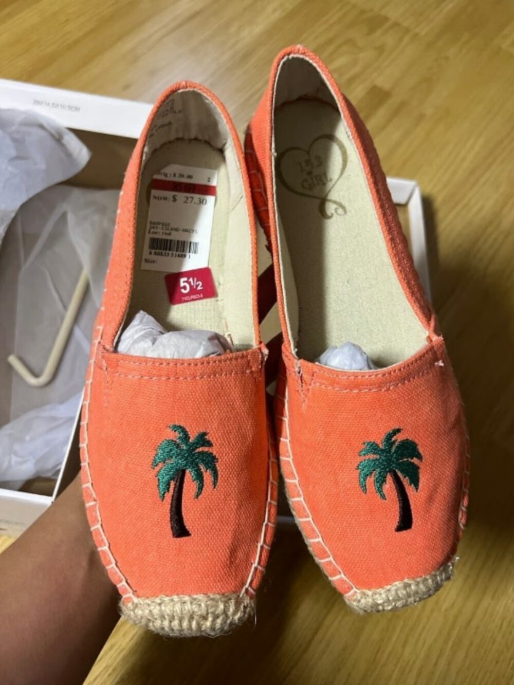 NEW 1.4.3. Girl Island Canvas Espadrilles w/ Palm Tree Coral Sz 5.5